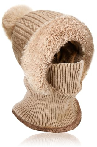 AYPOW Vinter varma stickade mössor för kvinnor med halsvärmare, slouchy hat halsduk set damer flickor, vindtät balaclava ansiktsmask dam mjuk tjock fleecefodrad mössa hatt ullhattar snood huva keps