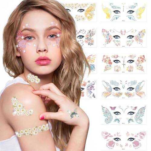 Muorruo 10 pezzi di tatuaggi brillanti a farfalla da incollare, tatuaggi facciali con ali di fata per feste di compleanno, regali per feste di trucco da fata, accessori per costumi da donna