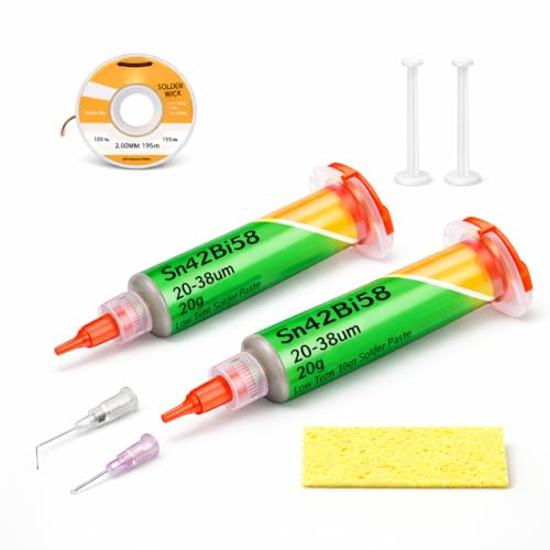 Pasta de Soldadura Sn42Bi58 20g para Electrónica – Flux Profesional No-Clean para Soldar SMD/PCB/Componentes – Incluye Malla Desoldadora 2mmx1,5m y Esponja – PACK 2 UNIDADES