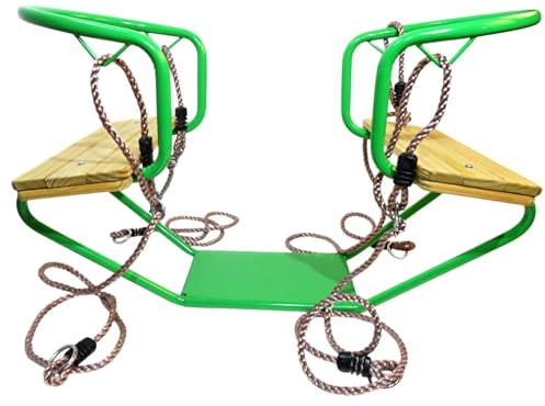 Columpio doble de metal verde para 2 niños – Balancín cara a cara – Cuerdas ajustables en altura de 1,1 – 2 m – Columpio para niños resistente al agua con asientos de madera – Soporta hasta 70 kg