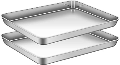AEMIAO Set di 2 Teglia da Forno Antiaderente, Teglia Rettangolare Bassa, Teglie Forno Pizza, in Acciaio Inox, Super Mirror Finish, 40 X 30 X 2.5 cm