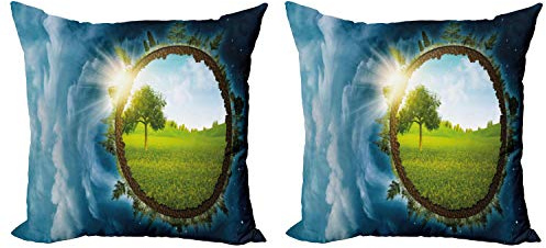 Ambesonne Earth Throw Pillow Cushion Cover Pack of 2, Circular Frame with Endless Green Landscape Infinity Clouds Space, Zippered Double-Side Digital Print Decor, 16, Green Brown Petrol Blue