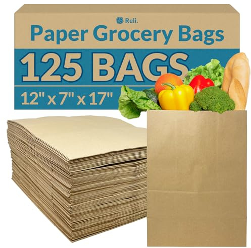 Reli. Paper Grocery Bags (125 Pcs Bulk) (12x7x17) 70 Lbs Basis, Extra Heavy Duty | Brown Paper Bag, Large Grocery Kraft Sacks -Takeout, Restaurant, Retail, Shopping