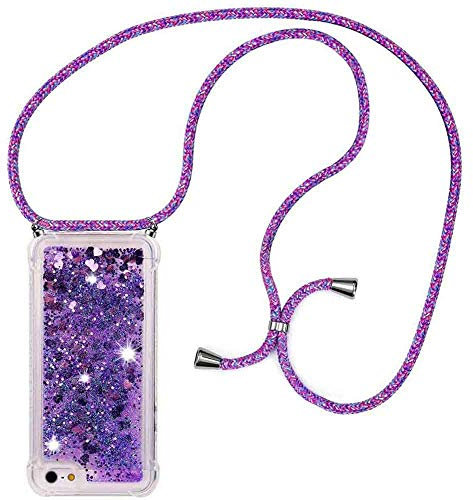 HongMan Handykette Hülle für iPhone 5/iPhone 5S/iPhone SE - Quicksand Glitzer Hülle mit Band - Silikon Handyhülle mit Kordel Umhängenband - Schnur mit Treibsand Case zum Umhängen, lila