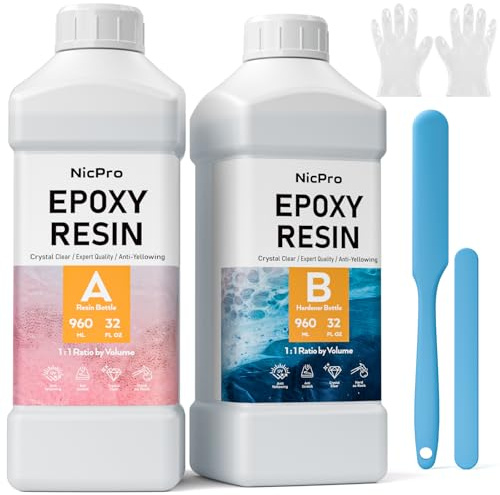 Nicpro resina epoxi transparente 1920ml/ 64 onzas con endurecedor, kit resina epoxi para manualidades, viene con vasos para mezclar, varillas para agitar, pipetas de transferencia, guantes y más