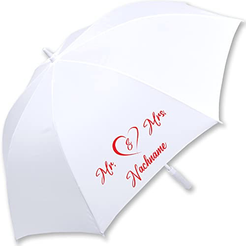 iX-brella XXL Stockschirm Fiberglas Golf Automatik Weiß Mr. & Mrs. rotes Herz personalisiert mit Nachname