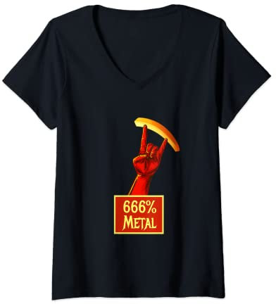 Femme 666 % Heavy Metal Fourchette à frites en cornes de diable Hard Rock T-Shirt avec Col en V