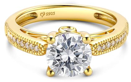 Jeulia Women's Sterling Silver Ring:Classic Round Cut Cubic Zirconia,Yellow Gold Plated Promise Engagement Solitaire Ring,Halo Diamond,Eternity Band for Wife Her With Jewellery Giftbox (Gold, R-½)