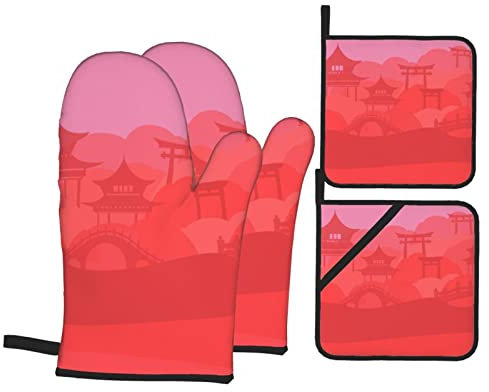 Manoplas Y Agarraderas para Horno, Japón Cereza Templo Rosa Guantes De Horno Lavable Juegos De Guantes De Horno Forro De Algodón Agarraderas De Cocina, para Cocinar, Hornear