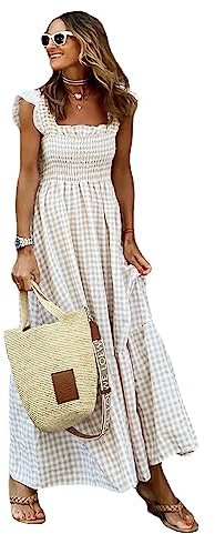 GARCAN Vestido Casual a Cuadros para Mujer Vestido Maxi Elástico con Cuello Halter a Cuadros De Collage Vestido Casual De Playa De Verano Vestido Midi Suelto con Botones Y Cuello
