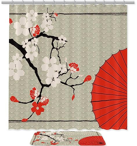 KQNZT 2-teiliges Duschvorhang-Set, Badezimmer-Set mit Duschvorhang, Badematte, Duschvorhang mit 12 Haken für Badezimmer-Set-Dekor,Retro Pflaume Regenschirm Kirschblüten