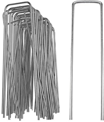 Pack of 10 Weed Control Garden Pegs - Galvanised Steel Fabric Stakes, Ideal for Stony and Dense Soil, Weed Suppressant Membrane Pegs, Staple Design (Galvanised Steel, 10, Garden Pegs)