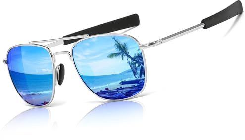 SUNGAIT Men's Military Style Polarized Pilot Aviator Sunglasses - Bayonet Temples (Silver Frame/Blue Mirrored Lens) SGT285YBL