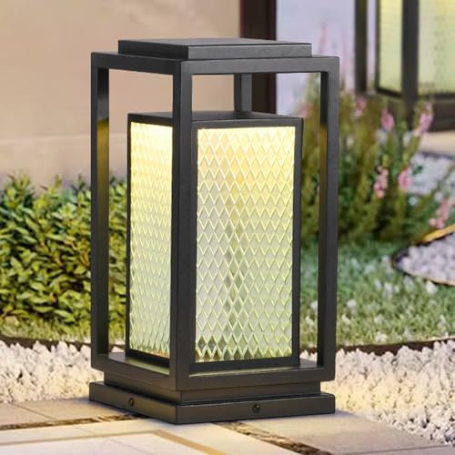 Farol de bolardo de vidrio cuadrado moderno para camino, luces de paisaje rústicas negras, luminaria de bolardo de chapa galvanizada, lámpara de césped para exteriores E26 para jardín, puerta delanter
