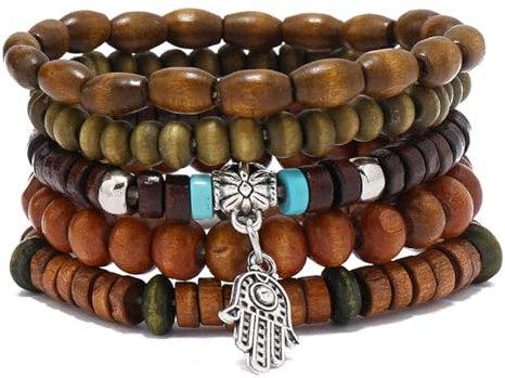 RUICHING Boho Beaded Bracelets, Wooden Bead Bracelet, Palm Pendant Blue Brown Multi-layer Bracelet Hippy Accessories Gifts for Women Men