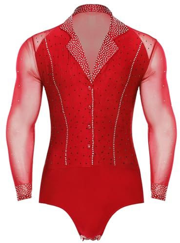 Jhaoyu Men Long Sleeve Rhinestones Dance Leotard Latin Tango Ballroom Dance Shirt Red XL