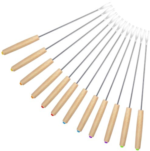 Lot de 12 fourchettes à fondue en acier inoxydable - Fourchettes à fondue en acier inoxydable - Avec manche en bois - Pour fruits, légumes, fondue au fromage, marshmallows, fromage, chocolat, fondue,