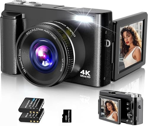 Digitalkamera,4K 48MP Fotokamera Autofokus mit 32G Karte, Vlogging Kamera mit 3 Zoll 180° Flip-Bildschirm und UV Linse,Kompaktkamera für Teenager Anfänger Erwachsene