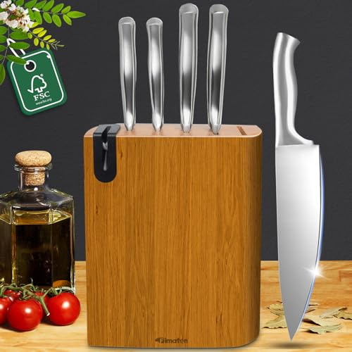 Fimaten Knivblock med kniv, set med 6 delar, knivblock med slip, kockknivset med Santokukniv, kockkniv, brödkniv, fruktkniv, universalkniv, knivset med block av trä