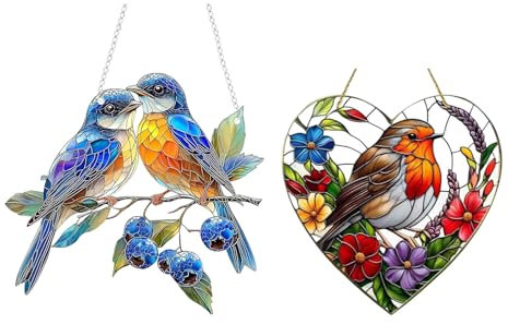 2Pcs Sun Catchers for Windows, Sun Catcher Large Heart - Shaped Robin Bird Suncatcher with Stained Effect - Ideal Hanging Window Decor