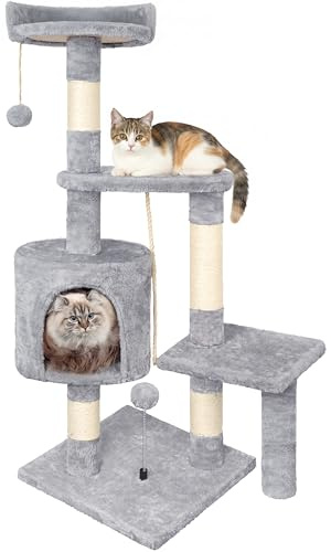 HOMIDEC Tiragraffi per Gatti,112cm Multifunzionale Alberi Tiragraffi Stabile con 4 Pali in Sisal,3 Piattaforme e 1 Cuscino per Albero Gatti Ideale per Gioco e Relax-Grigio