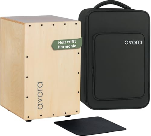 Avora Cajon Basswood SET - Percussion Trommelkiste mit stimmbaren Gitarrensaiten - Sitztrommel & warmer Klang - Snare-Effekt - Inkl. Sitzpad aus Neopren - Lindenholz Natur - Inkl. gepolsterter Tasche