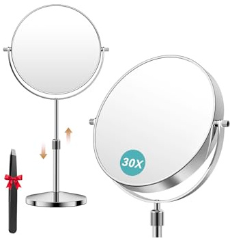 Auxmir Espejo Maquillaje 30X/1X Aumento Altura Ajustable 360 Giratorio Telescópico Extensible Sobremesa para Baño Tocador Mesa, Plateado (Sin Luz)