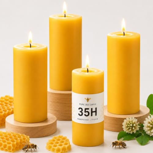 4Pcs Yellow Beeswax Pillar Candles, Each 35 Hours Burning, 4.5cm W x10cm H