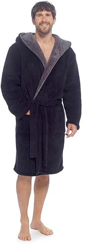 kraftd Men’s Robe Sherpa Fleece Hooded Warm Dressing Gown with Pockets & Belt | Nightwear Robes | Loungewear | Sleepwear | Bathrobe Black/Charcoal
