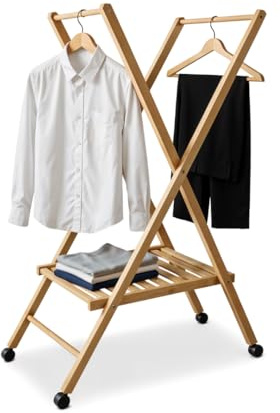Mottiwood STIRA & APPENDI, Carrello Appendiabiti, Pieghevole e Salvaspazio, 100% Legno Faggio, Stendino, Ruote Multi direzionali, 62,49x122hcm, Omino Appendiabiti, Made in Italy