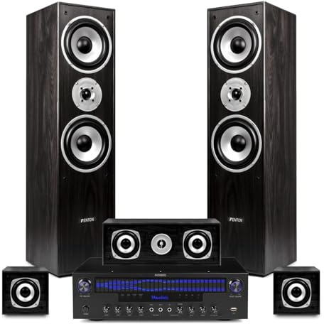 Fenton 5.0 Home Theatre Surround Sound System with Amplifier, Bluetooth, Optical TV Input, Mic & Karaoke, 1150W, Complete Hi-Fi Speaker Package, Cables Included, Black