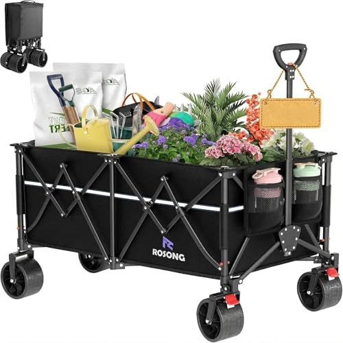 ROSONG Carro Playa Plegable 260L-Carro Plegable con Ruedas Grandes Extraíbles Carro Transporte Compacto para Camping, Compra, Jardín, Negro