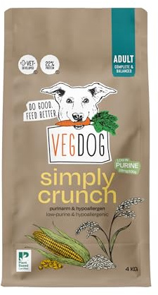 VEGDOG Simply Crunch torrfoder, vuxna hundar, allergivänliga, 4 kg | Med majsprotein, tolereras väl, purinfattad, utan gluten och soja, helfoder, lämplig för allergiker