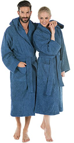 CelinaTex Montana Accappatoio Cappuccio A Tinta Unita Lungo Tasche Applicate Cuciture Decorative Donna Uomo Unisex Puro Cotone L blu