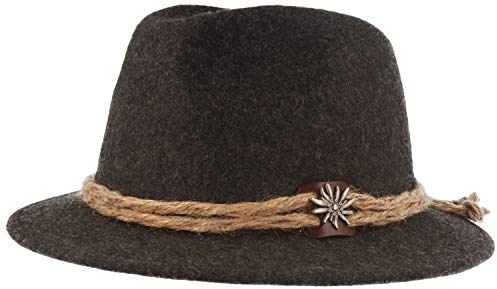 Breiter Herren Trachtenhut Filzhut Wanderhut Tiroler-Art 100% Wolle mit Hanfkordel, Edelweiss & schmaler Krempe Grau S