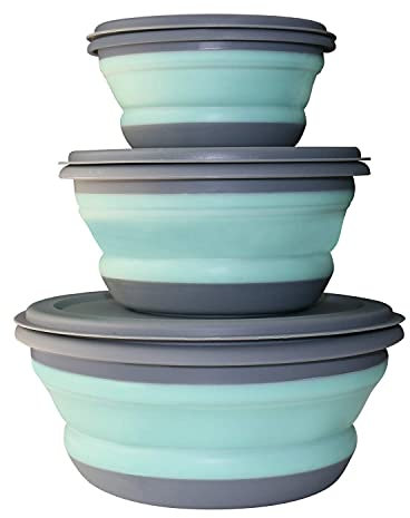 GLE2016 3 PCs Food Grade Silicone Collapsible Bowl Lunch Box - Expandable Food Storage Containers Set -Silicone Salad Bowl with Lid Portable (Blue)