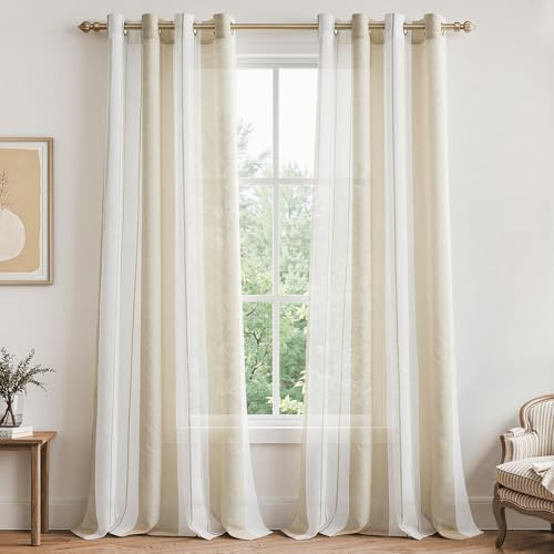 MRTREES 2 Pezzi Tende Camera da Letto a Strisce Semi Trasparente per Cameretta Bambini Tenda Leggera con Occhiello Leggera Elegante per Interni Soggiorno Finestra Moderna Bianco+Beige 140x260 CM