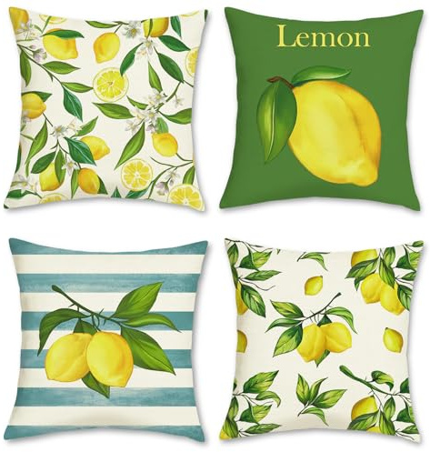 Bonhause Juego de 4 Funda de Cojín Limón 45 x 45 cm Verano Fruta Amarillo Poliéster Lino Fundas de Almohada para Cojines Decorativos para Sofá Cama Coche Hogar