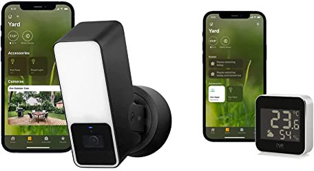 EVE Outdoor Cam : caméra sécurisée avec projecteur, sécurité et (HomeKit Secure Video), Noir & Weather - Station météo connectée avec Technologie Apple HomeKit pour Le ssuivi de la température