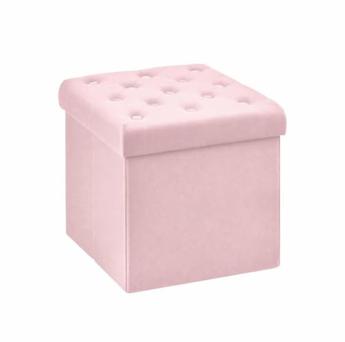 Bonlife Velvet Foldable Storage Ottoman Cube,Pink Footstool with Lid,40cm | Footrest Stool Seat,Toy Chest Box,for Living Room,Bedroom,Entryway,with Hidden Storage,150kg Load Capacity