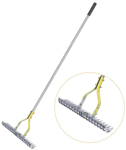 BARAYSTUS Thatch Rake Dethatcher - 15-Inch Wide Lawn Rake for Dead Grass Removal, Stainless Steel Adjustable Handle Garden Rake for Soil Loosening, Aeration & Thatching, 58.5-Inch Length