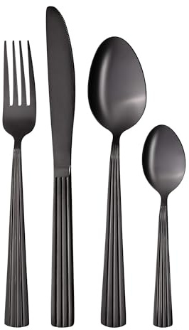 GRÄWE Set de cubiertos de acero inoxidable para 4 personas, cubiertos de mesa negros, juego de cubiertos de 16 piezas, apto para lavavajillas, juego de cubiertos con decoración - Serie Atenas