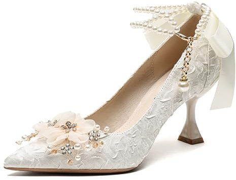 XYHAOAI Scarpe da Donna in Pizzo con Perle di Cristallo Décolleté con Punta a Punta Tacchi a Spillo Cinturini alla Caviglia con Perle Scarpe da Sposa da Sposa da 2,75 Pollici,Bianca,43 EU