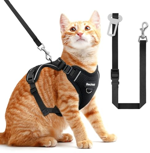BECHTEL Cat Harness and Leash, Adjustable, Reflective, Black, Small