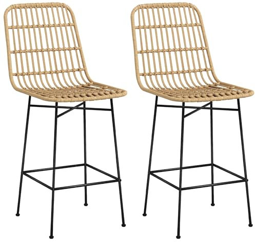 HOMCOM Barhocker 2er-Set, Barstuhl, Tresenhocker mit Rückenlehne aus PE-Rattan, Thekenstühle im Boho-Design, Küchenhocker für Küche, Esszimmer, Stahl, Gelb