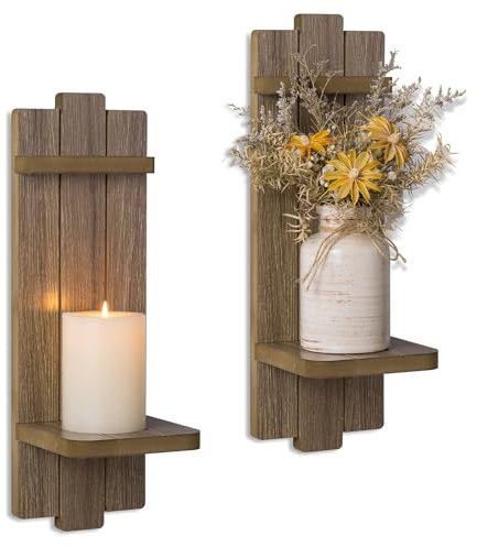 Walasis Wall Candle Holders Set of 2: Wooden Candle Sconces Vingtage Wall Art Decor (Light Brown)