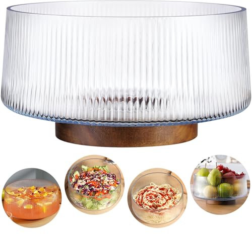 NiHome Extra Große Salatschüssel aus Glas mit Akazienholz-Boden, Rippendesign, Übergröße für Familienessen, Partys und Zusammenkünfte