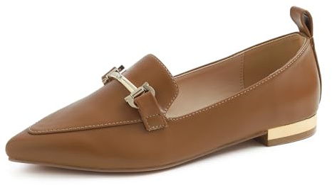 Feversole Women's Loafer Flat Pointed Low Heel,Mocassins pour Femmes Plat Mode déco à Talon Bas Pointu Chaussures de Bureau habillées pour la Conduite Camel Cuir végétalien 39 EU