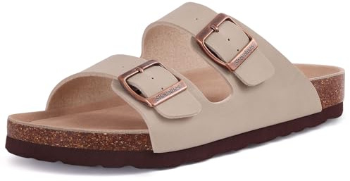 shevalues Cork Footbed Vegan Slides, Arch Support Sandal for Women | Summer Slip-on Women’s Mules Outdoor Indoor with Adjustable Buckle