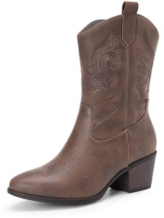 DREAM PAIRS BOTAS COWBOY PARA MUJER, BOTAS DE VAQUERA HASTA LA PANTORRILLA CON BORDADO, ZAPATOS DE PUNTA REDONDA Y TACÓN BAJO CHUNKY,Size 38,Marrón,DWUMMB2505